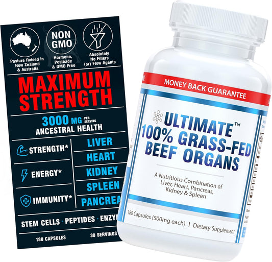 Ultimate 100% Grass Fed Beef Organs Supplement Supports Energy & Whole Body Wellness* with a Complex of Desiccated Beef Liver, Heart, Kidney, Pancreas & Spleen. Pesticide Free & Non-GMO, 180 Capsules