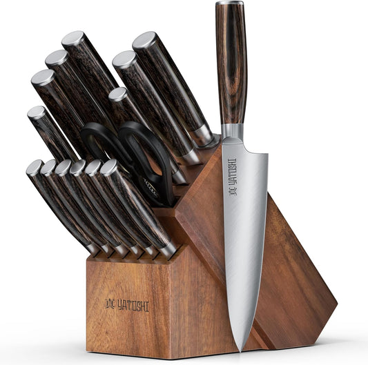 Yatoshi 15 Piece Knife Block Set - Pro Kitchen Knife Set Ultra Sharp High Carbon Stainless Steel with Ergonomic Handle