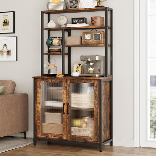 CABIHOME Bakers Rack with Cabinet, 5 Tier Microwave Stand 63.78", Baker Rack with Fluted Door Large Kitchen Oven Stand Tall Bar Cabinet, Retro Brown Coffee Bar Station