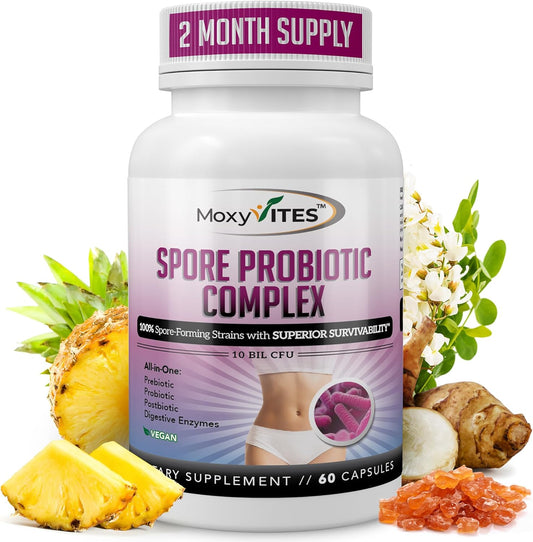 Spore Probiotic Complex - All In One Prebiotics and Probiotics for Digestive Health, Postbiotic, Digestive Enzymes Daily Supplement - Spore Based Probiotic for Women & Men