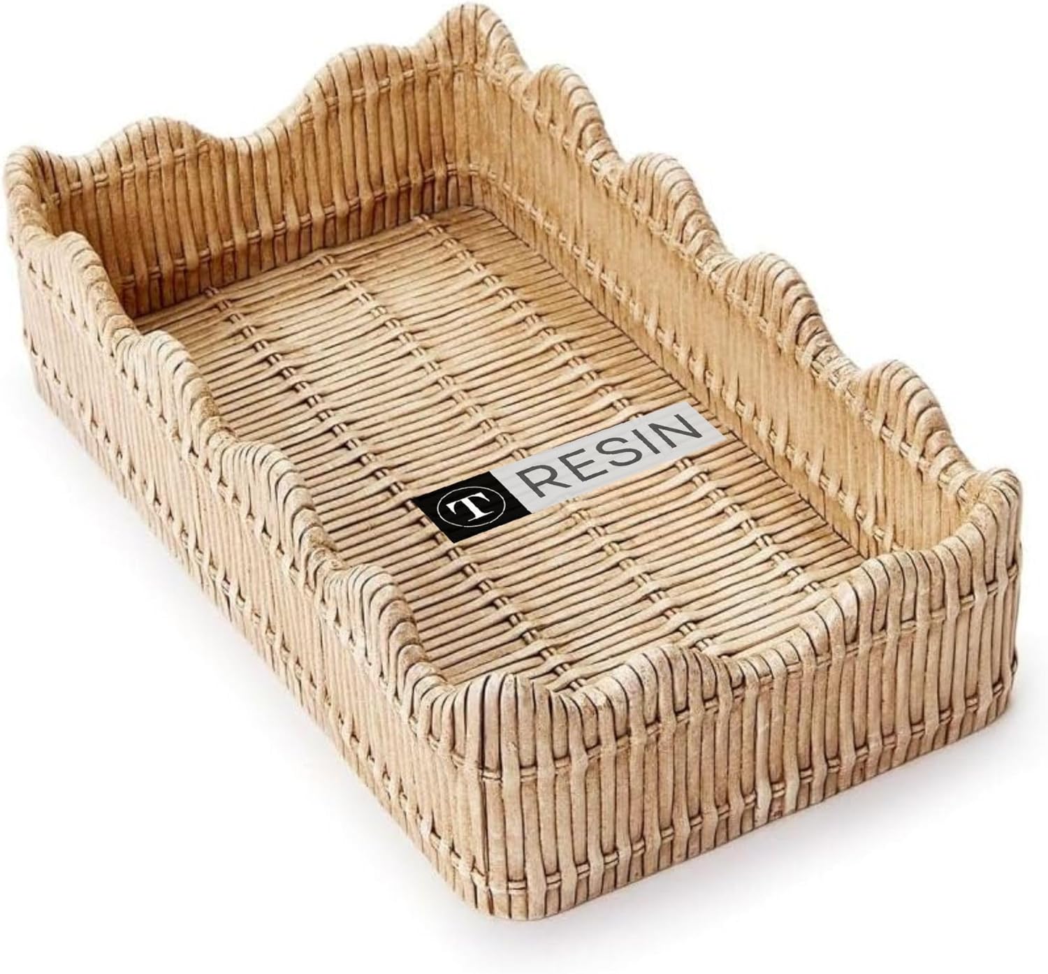 Two's Company Scalloped Edge Basket Weave Pattern Holder - Decorative Napkin Holder for Kitchen & Bathroom, Resin Guest Towel & Utensil Holder, Rustic Farmhouse Decor & Organizer