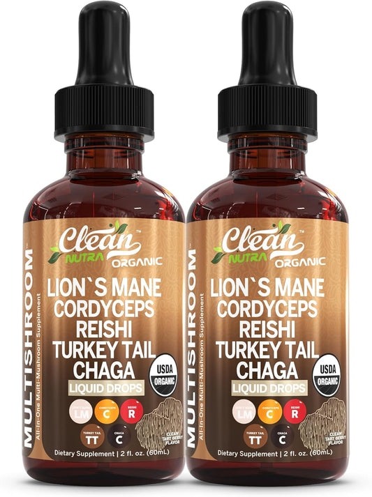 Mushroom Supplement Liquid Drops with Lions Mane Turkey Tail Cordyceps Reishi Chaga Shitake Maitake Tremella Oyster Mushrooms Poria Supplement and Enokitake Mushrooms Complex Blend by Clean Nutra