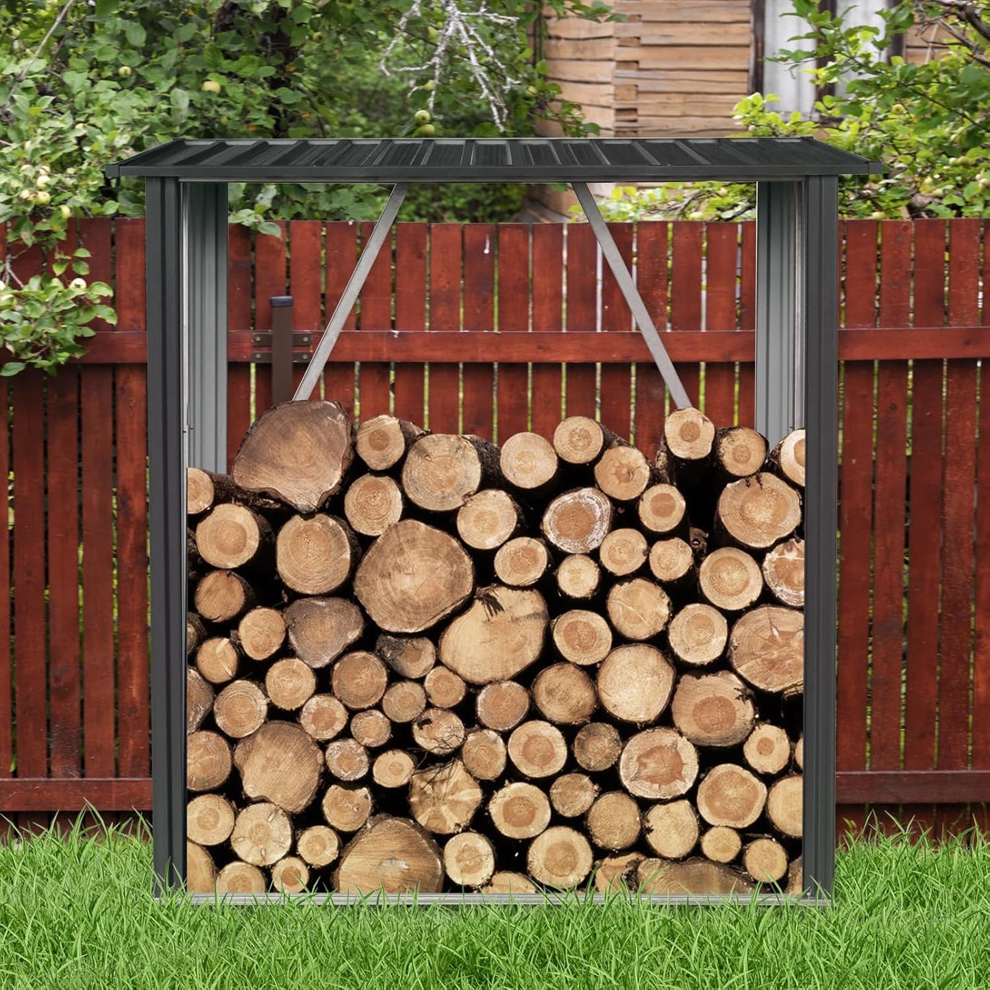 3ft x 5ft Outdoor Meta Firewood Rack,Open Wood Shed for Firewood, Pellet, or Lumber Storage, Black