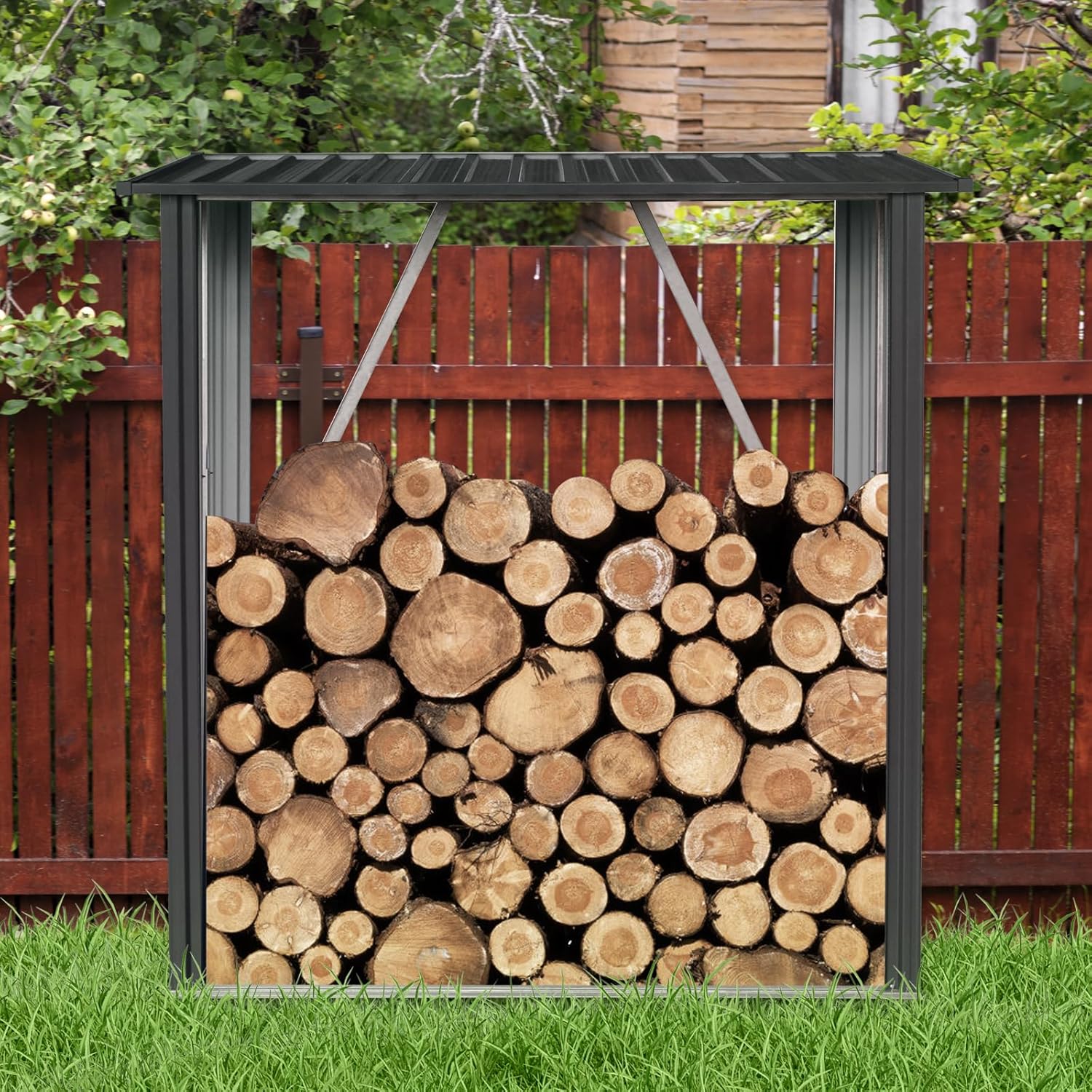 3ft x 5ft Outdoor Meta Firewood Rack,Open Wood Shed for Firewood, Pellet, or Lumber Storage, Black
