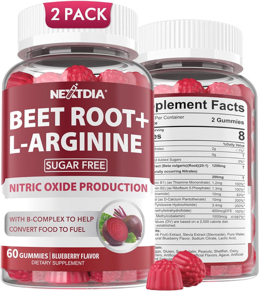 Beet Root Gummies & L-Arginine, Nitric Oxide Supplements for Men & Women w\/Organic Beets, B1, B2, B3, B5, B6, Folate, B12 for Energy Boost & Circulation Support, Sugar Free, 120 Cts