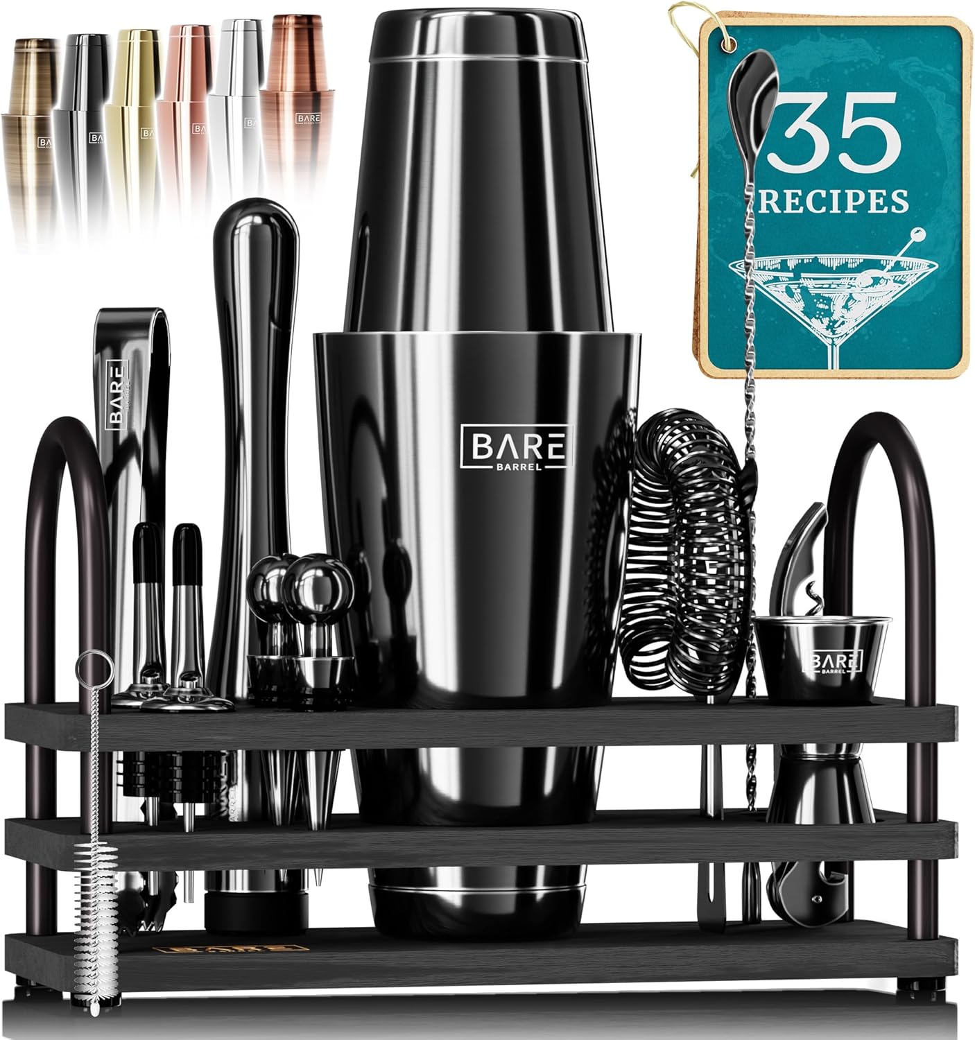 BARE BARREL® Mixology Bartender Kit Bar Set | 14-Piece Cocktail Shaker Set | Martini Barware Mixing Tools for Home Bartending | 35 Recipe Cards | Gift Set (28oz Boston Shaker, Jet Black\/Black)