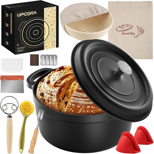 UPCERA 5QT Cast Iron Dutch Oven for Bread Baking, Proofing Basket Sourdough Starter Kit, Bread Making Pan Pot with Lid, Sour Dough Tools Set Includes Lame Supplies, Gifts for Baker