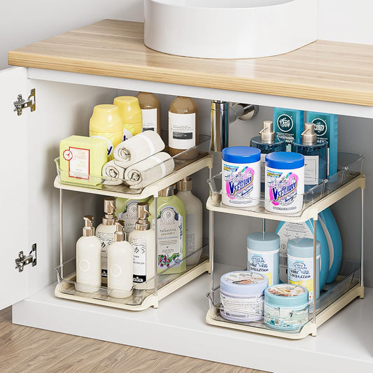 Delamu 2 Sets of 2-Tier Multi-Purpose Bathroom Under Sink Organizers and Storage, Stackable Kitchen Pantry Organization, Pull Out Medicine Cabinet Organizer with 8 Movable Dividers, Beige