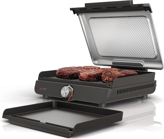 Ninja GR101 Sizzle Smokeless Indoor Grill & Griddle, 14\u2032\u2032 Interchangeable Nonstick Plates, Dishwasher-Safe Removable Mesh Lid, 500F Max Heat, Even Edge-to-Edge Cooking, Grey\/Silver (Renewed)