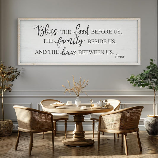 Bless The Food Before Us Home Decor Wall Sign For Family Kitchen Farmhouse Dining Room Vintage Rustic Retro Boho Wood House Wall Art Decoration For Living Room Bedroom 40 x 15 Inch white