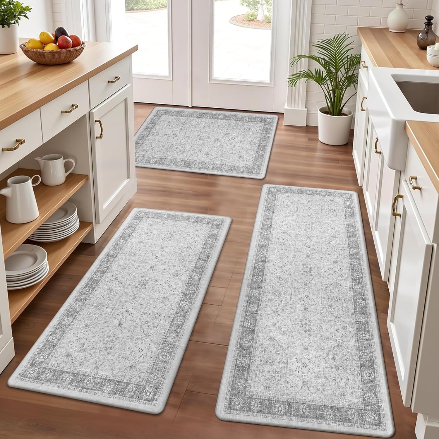 Pauwer Anti Fatigue Kitchen Mat Set of 3 Non Slip Kitchen Mats for Floor Cushioned Kitchen Rugs Comfort Standing Mat Farmhouse Waterproof PVC Foam Kitchen Floor Mat Runner, Light Grey