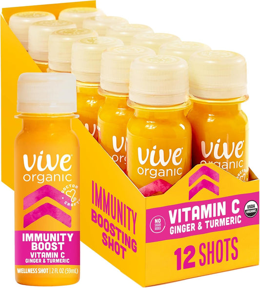 Vive Organic Vitamin C + Immune Support Shot, Cold-Pressed Turmeric, Ginger & Acerola Cherry, Gluten Free, Vegan, Immunity Boost Vitamin C, 2 Fl Oz (Pack of 12)