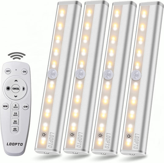 LDOPTO Under Cabinet Lights Wireless with Remote Control Dimmable Battery Operated LED Closet Lights Stick-on Kitchen Lighting with Timer for Kitchen Shelf Hallway Stairs, Multiple Colors 4 Pack