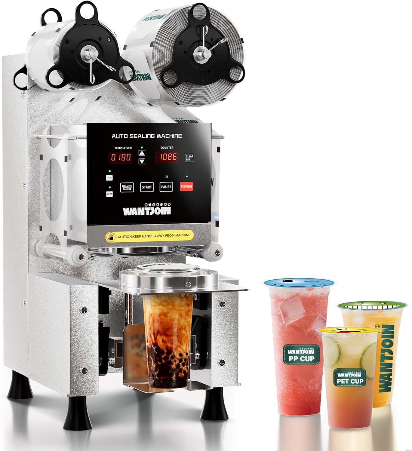 WantJoin Full Automatic Cup Sealer Machine - Cup Sealing Machine 90/95mm Caliber Electric Boba Sealing Machine Seals 500-600 Cups/H Digital Control Panel Cup Sealer for Bubble Milk Tea Coffee Shop