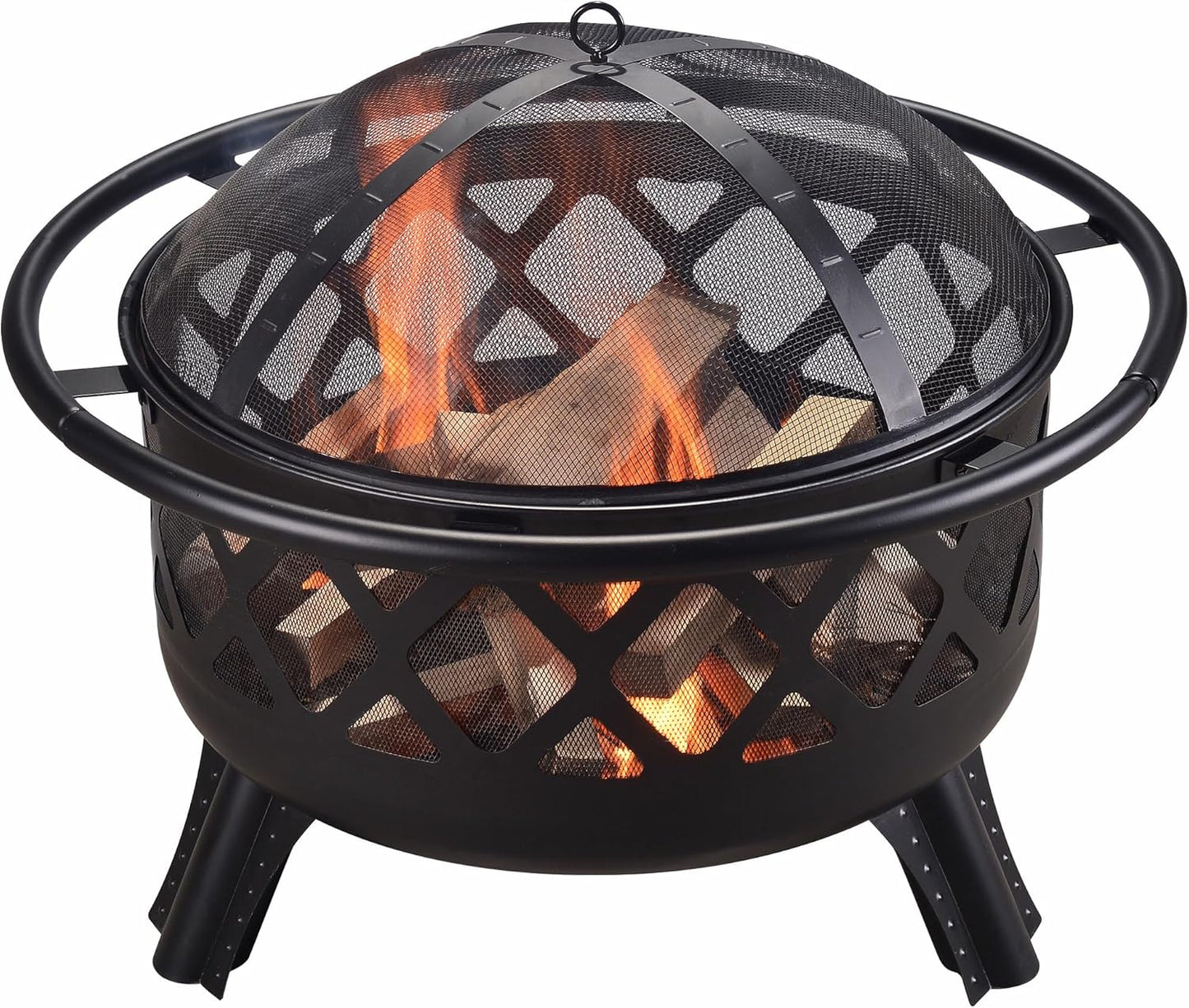 Teamson Home Round Steel Outdoor Fire Pit Outside Wood Burning Firepit Bonfire with Firebowl, Poker, Mesh Screen for Patio Garden Backyard BBQ, 30 Inch, Black