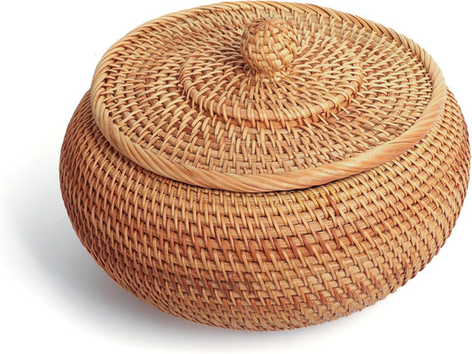 XALVYNQ Handwoven Rattan Basket with Lid | Multi-Use Storage Organizer for Kitchen, Living Room & Gifts | Natural Wicker Box(High:9.06\u2033D*6.30\u2033H)