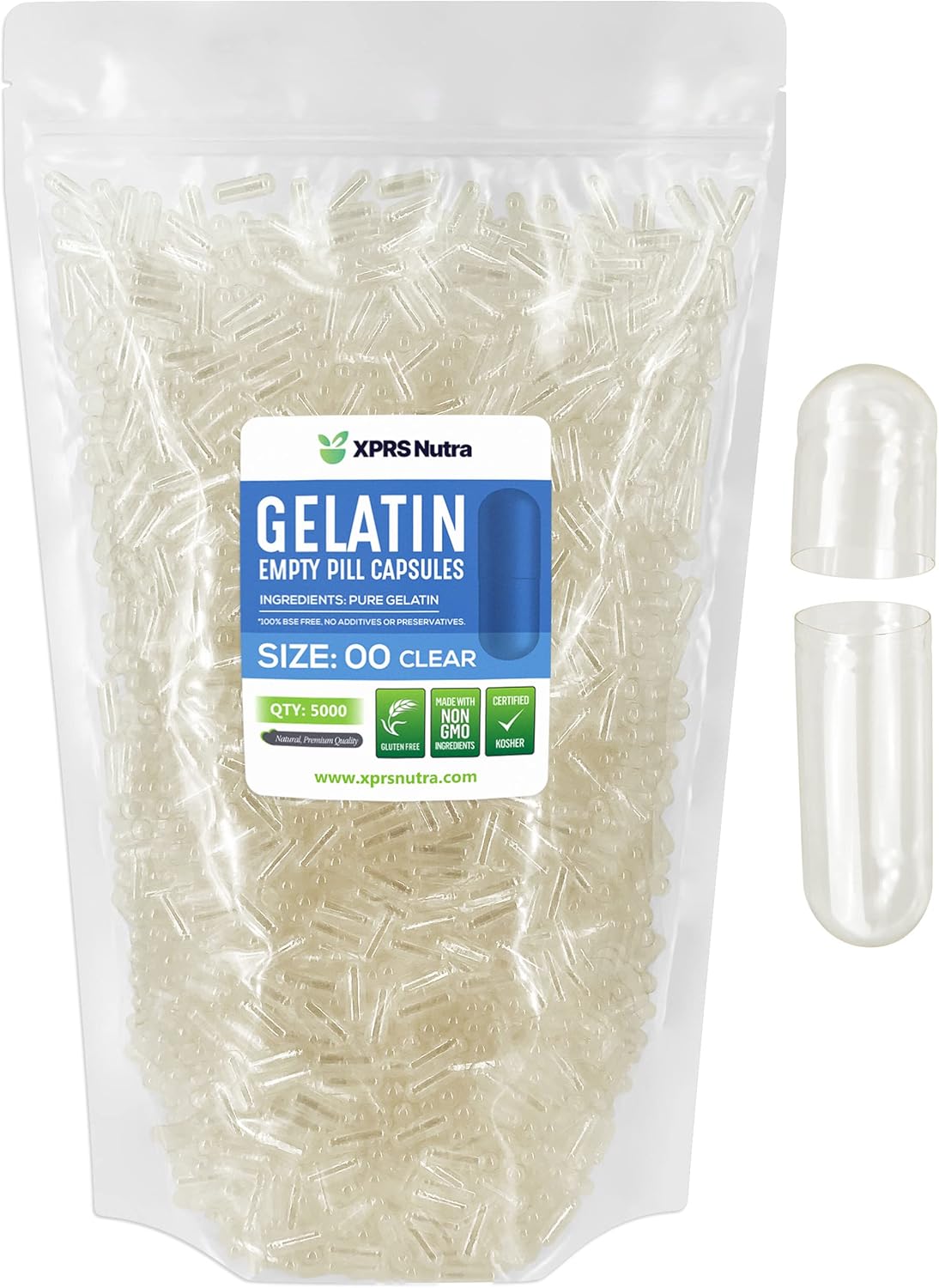 XPRS Nutra Size 00 Empty Capsules - 5000 Count Clear Empty Gelatin Capsules - Pills DIY Capsule Filling - Fillable Pill Gel Caps for Do It Yourself Supplements