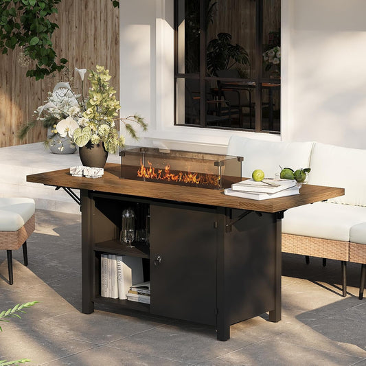 55" Propane Fire Pit Table,50000btu Gas Fire Pit Table with Brown Windshield & Lava Rock,2 in 1 Foldable Expansion Table Fire Pit with CSA Certification, Firepit Table for Outdoor, Patio