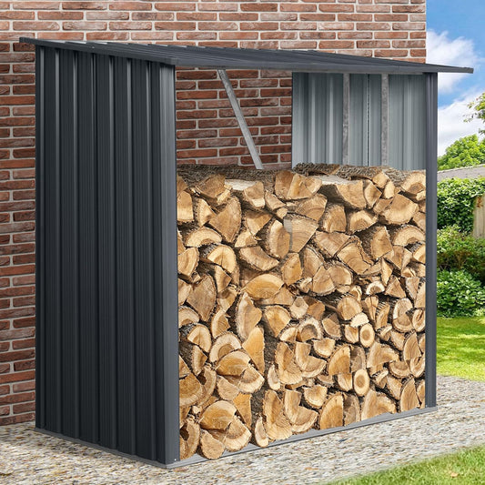 Zjjseloru Outdoor Firewood Rack,3ft x 7ft Garden Log Storage Shed in Galvanized Steel with Sloped Roof for Firewood,Pellet,or Lumber Storage,Black