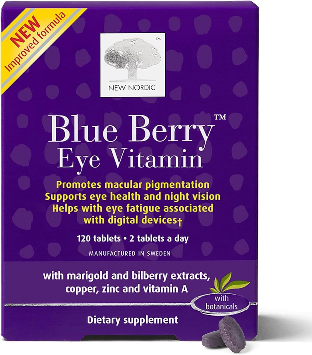 NEW NORDIC Blue Berry Eye Vitamin Lutein Supplement with Zinc, Supports Macular Pigmentation, Eye & Vision Function, 120 Tablets (Pack of 1)