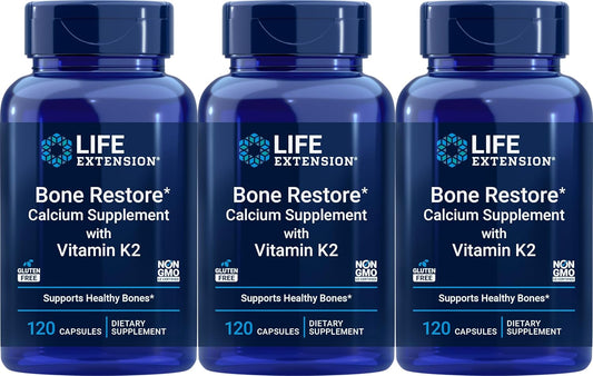 Life Extension Bone Restore Calcium Supplement with Vitamin K2, 120 Capsules (Pack of 3)