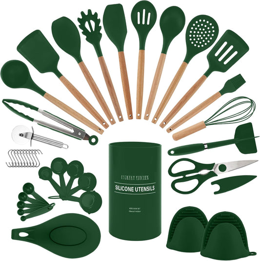 Country Kitchen Non Stick Silicone Utensil Set with Rounded Wood Handles for Cooking and Baking, 38 Piece Set, Green