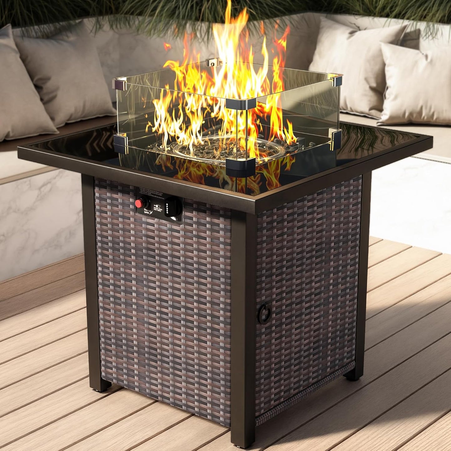 Propane Outdoor Fire Pit Table, 28" Rattan Square Fire Pit Table, Outdoor Gas FirePit W\/Glass Wind Guard, Tempered Glass Tabletop, Lid, CSA Listed, 50,000 BTU, Outside Patio Deck & Garden, Brown