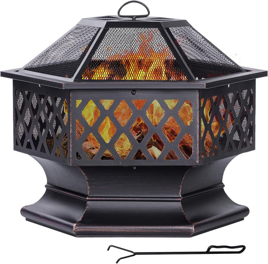 Panovue 28Inch Outdoor Fire Pit, Hexagon Shaped Wood Burning Firepit for Outside Bonfire, Patio, Backyard and Camping (Antique Bronze)