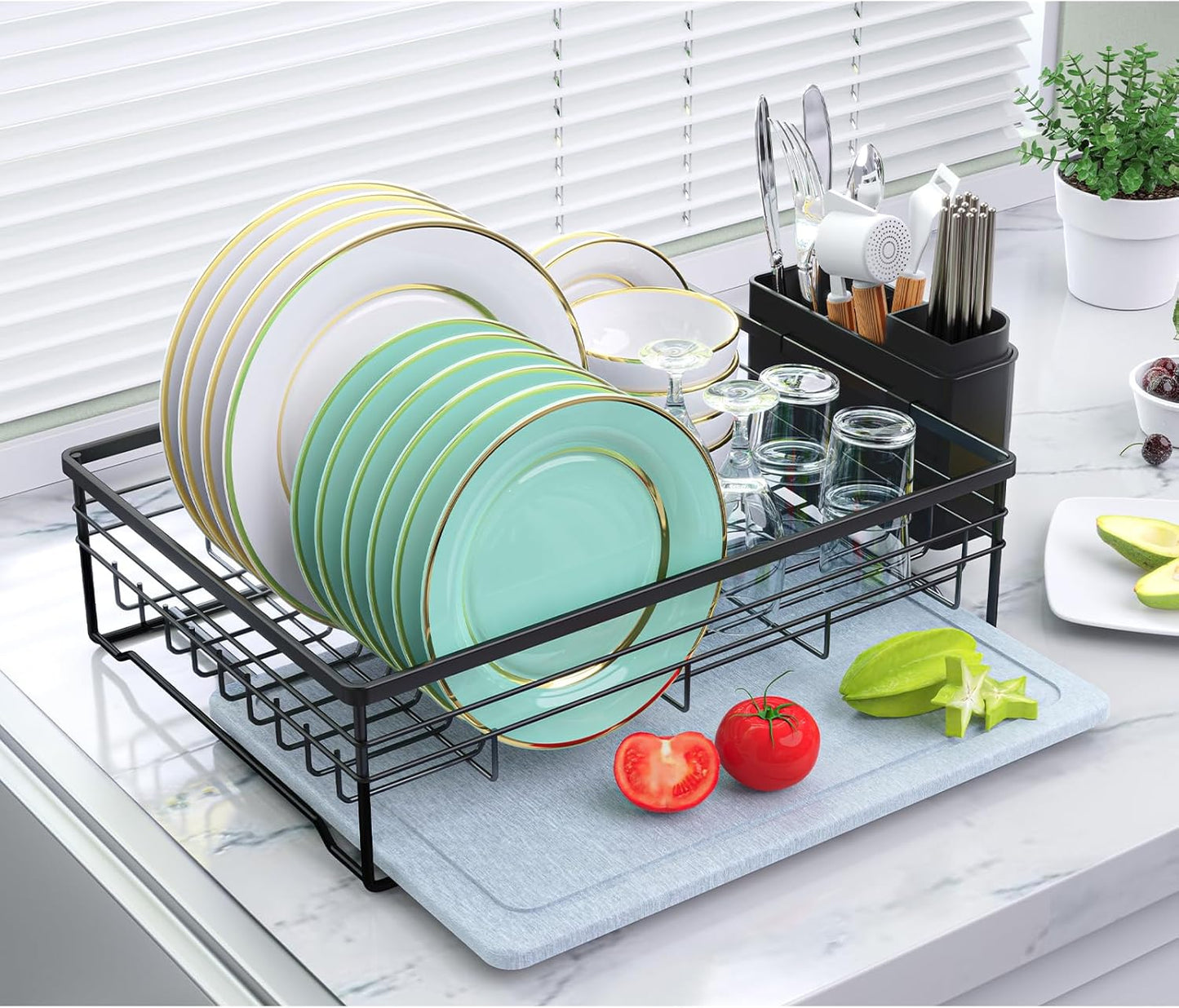 VABNEER Dish Drying Rack with Stone Drying Mat, Quick-Drying\/Stainless\/Super Sturdy\/Space-Saving, Dish Strainers for Kitchen Counter, Escurridor de Trastes para Cocina (Black)