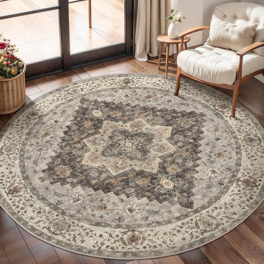 Tangsoo Vintage Round Rug 4ft Washable Circle Rug, Non Slip Small Boho Round Rug, Low Pile Circular Rugs, Round Carpet for Bedroom,Entryway,Nursery,Dorm,Kitchen,Grey\/Multi