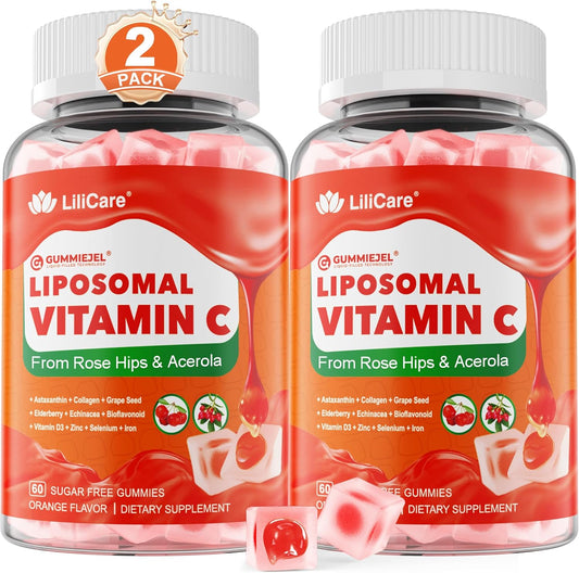 Liposomal Vitamin C 1000mg Filled Gummies for Adults & Kids 9+, 1660mg Blend w\/Echinacea, Elderberry, D3, Zinc, Iron, Bioflavonoid, Astaxanthin, Natural Organic Chewable Vitamin C, Sugar Free, 2Pack