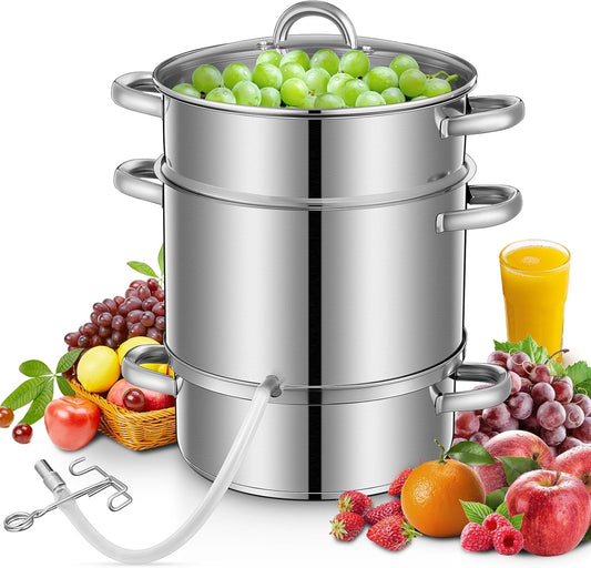 FOHERE 8.5Qt Steam Juice Extractor, Stainless Steel Steam Juicer for Canning Fruit & Vegetables with Glass Lid, Hose, Clamp, Loop Handles, Ideal for Making Fresh Juice, Jelly, and Sauces