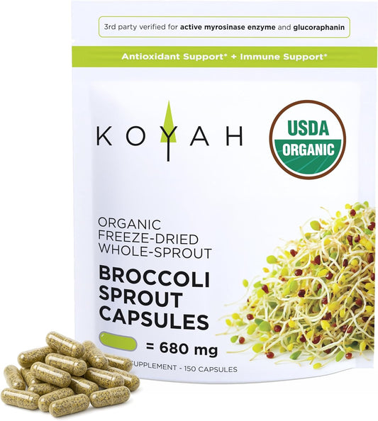 KOYAH Organic Broccoli Sprout Capsules \u2013 Freeze-Dried Whole Broccoli Sprouts \u2013 3rd Party Tested for Active Myrosinase & Glucoraphanin (Sulforaphane Glucosinolate) - 150 Capsules