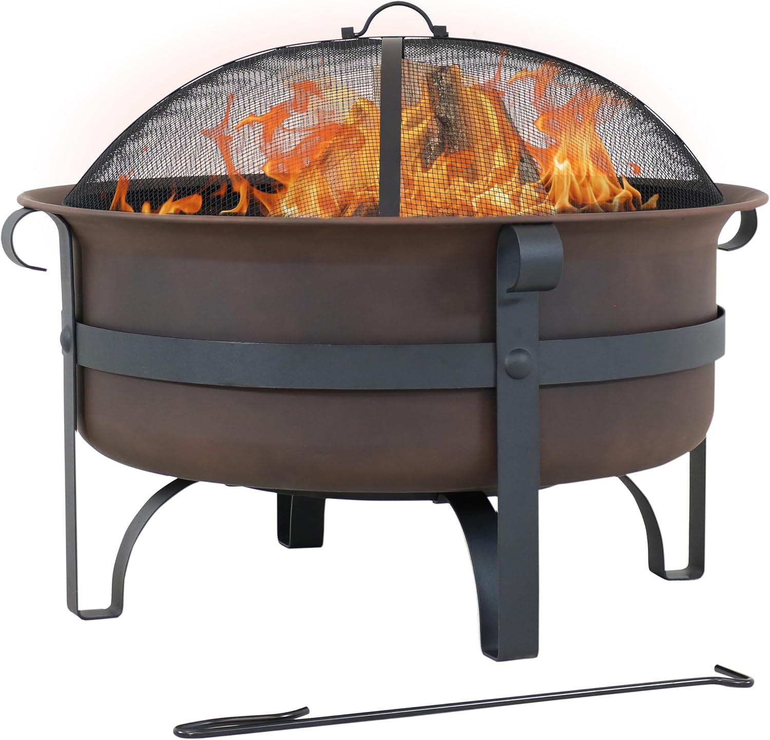 Sunnydaze 29-Inch Wood-Burning Outdoor Fire Pit - Bronze Cauldron Wood Fire Pit for Outside - Includes Poker and Spark Screen