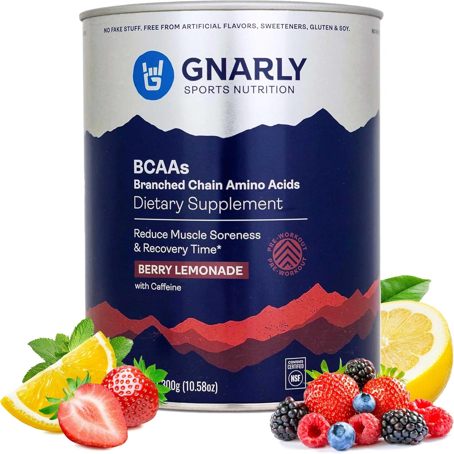 Gnarly Nutrition BCAA Powder, Berry Lemonade \u2013 Pre-Workout BCAAS Amino Acids \u2013 NSF Sport Certified \u2013 Supplement to Support and Rebuild Muscle \u2013 Berry Lemonade with Caffeine, 10.58 oz