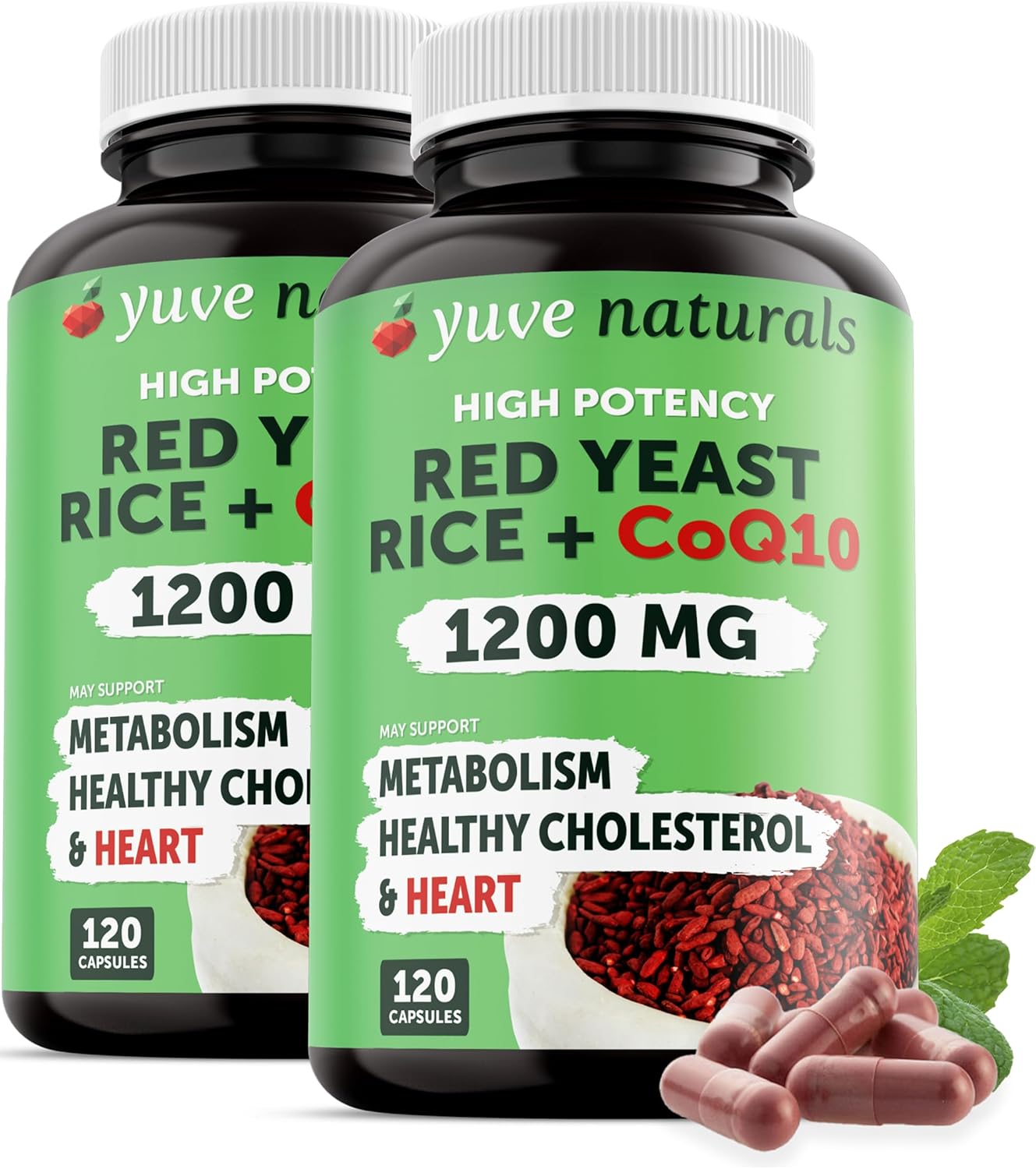 Red Yeast Rice 1200 mg Capsules with CoQ10 - Maintain Healthy Cholesterol Levels, Herbal Heart Health Vegan Red Yeast Rice Supplement - Red Rice Yeast with CoQ10 for Women & Men - 120 Ct (2-Pack)