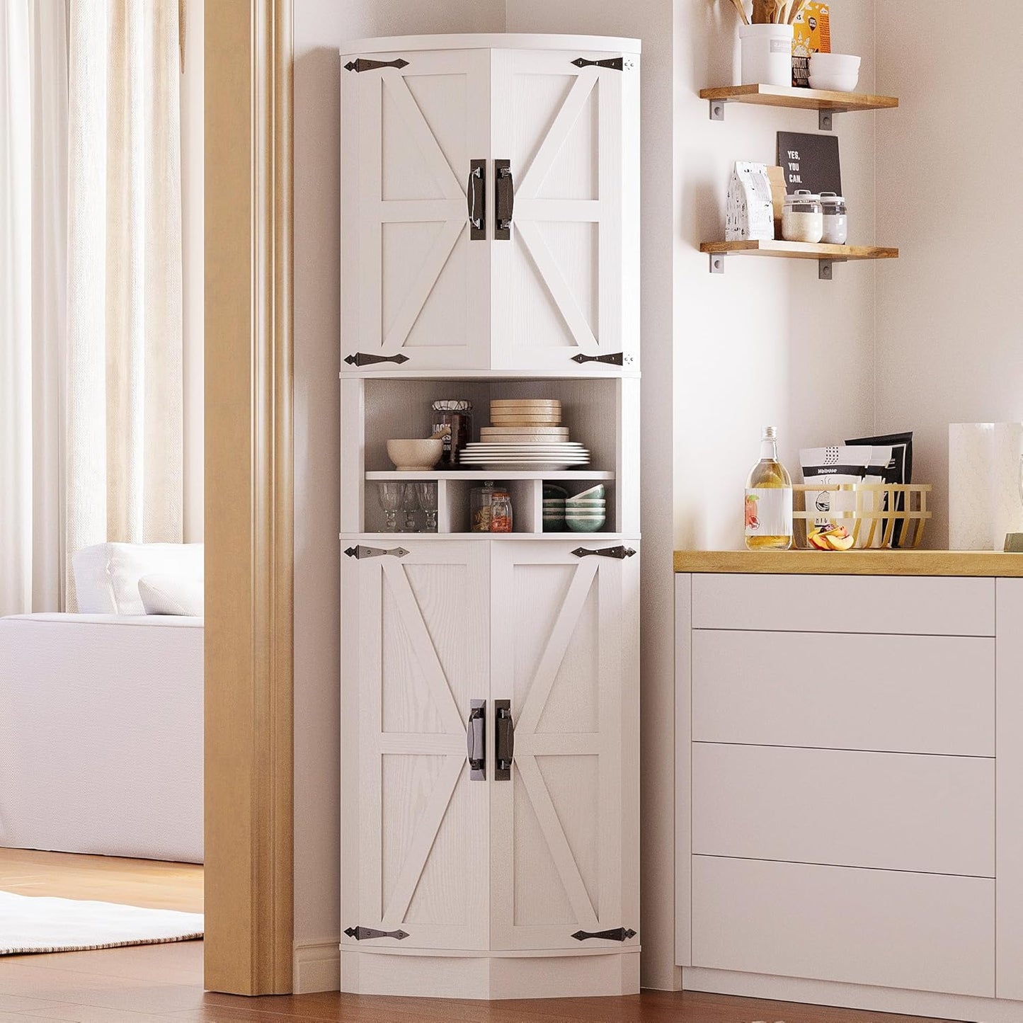 IRONCK Tall Corner Cabinet with 3 Wine Racks, Farmhouse Storage Cabinet with 4 Doors and Adjustable Shelves, Barn Door Design, Corner Bar Cabinet for Living Room, Kitchen, Laundry Room White