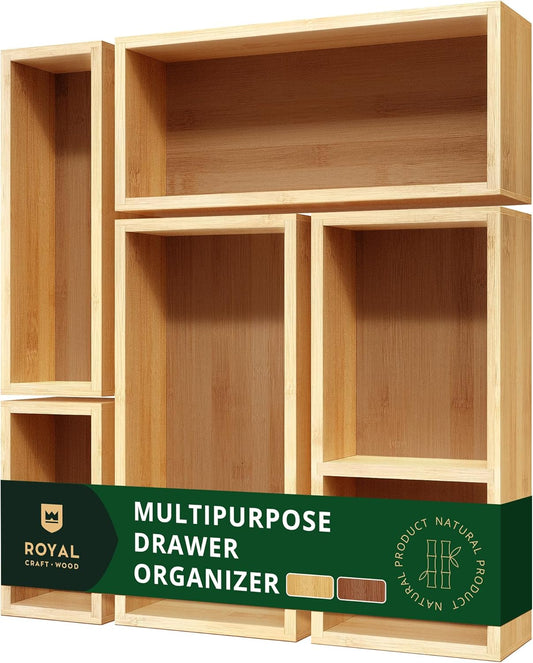 ROYAL CRAFT WOOD 5-Piece Bamboo Drawer Organizer Set \u2013 Multi-Use Storage Trays for Kitchen, Bathroom, Office, Makeup, Jewelry & More \u2013 Junk Drawer Tray, Utensil Holder, Storage Box & Bin Set (5 Boxes)
