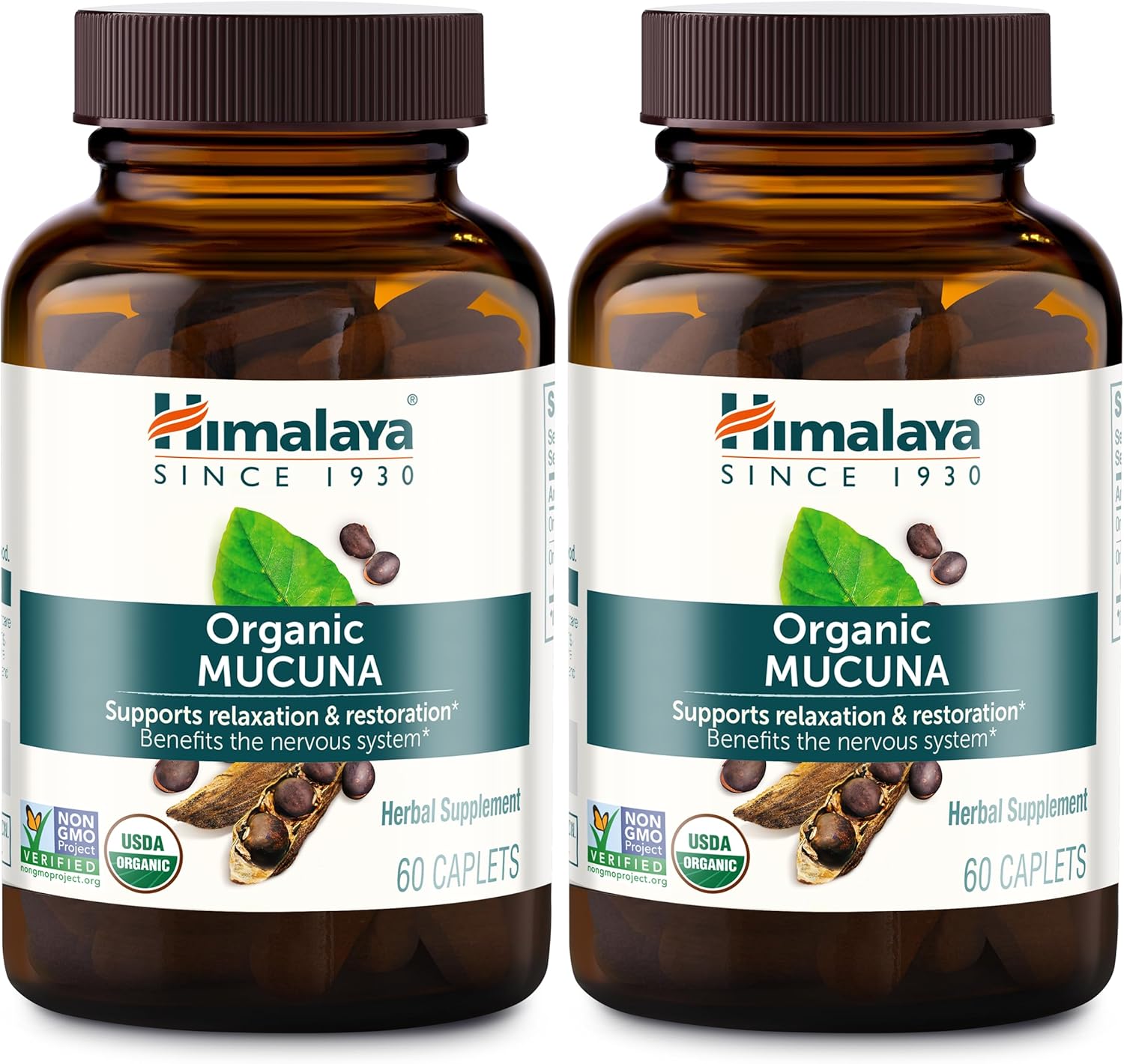 Himalaya Organic Mucuna Herbal Supplement, Supports Relaxation, Tension Relief, Brain Function, Non-GMO, USDA Organic, Vegan, Gluten Free, 600 mg, 60 Plant-Caplets, 2 Pack, 120 Day Supply