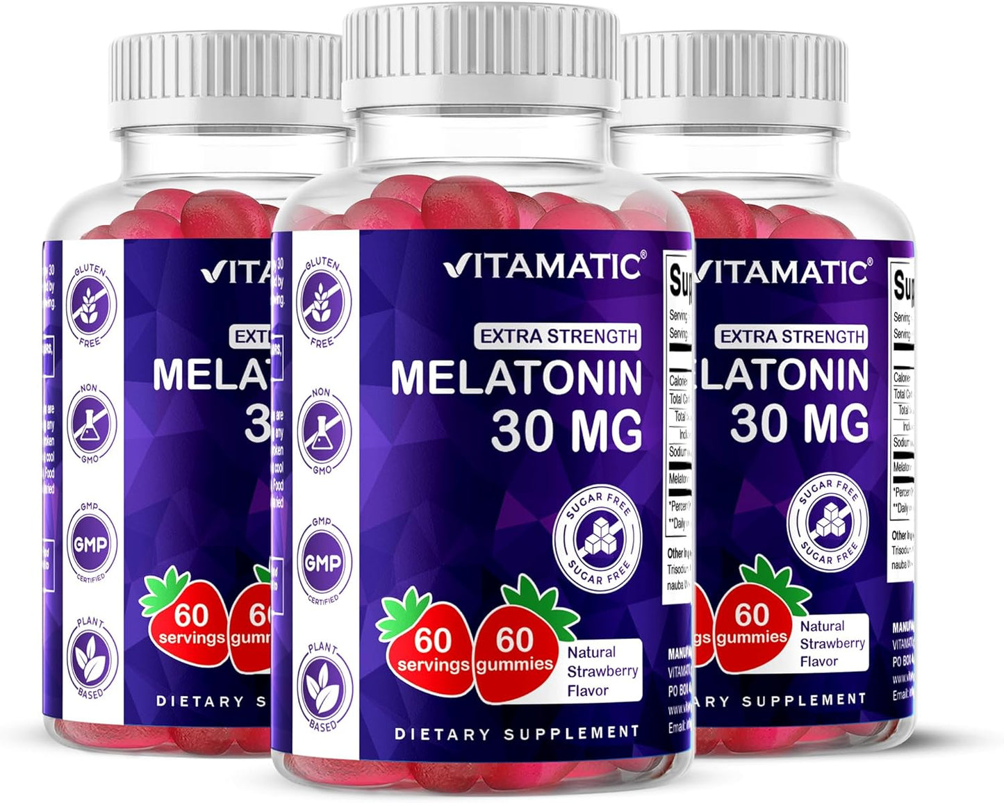 Vitamatic Sugar Free Melatonin 30mg per Gummy - 60 Servings - 60 Vegetarian Gummies - Non-Habit Forming Supplement (60 Count (Pack of 3))