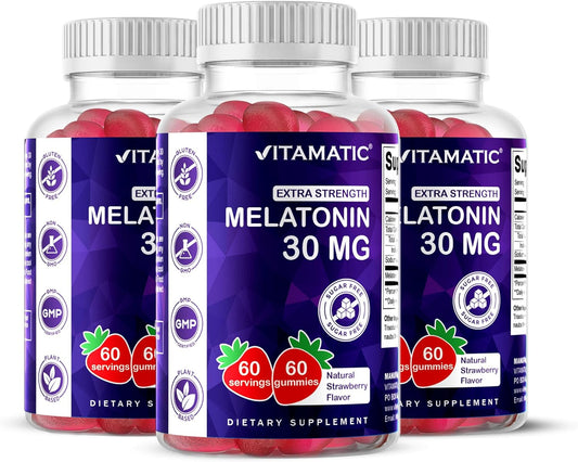 Vitamatic Sugar Free Melatonin 30mg per Gummy - 60 Servings - 60 Vegetarian Gummies - Non-Habit Forming Supplement (60 Count (Pack of 3))