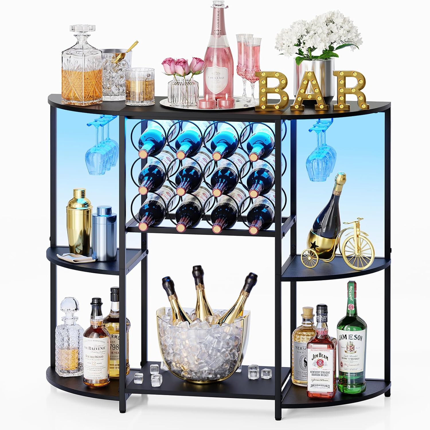 JKsmart Wine Bar Cabinet with LED Lights, Mini Wine Bar Cart with Storage and Glass Holder, Home Bar Coffee Bar for Liquor, 3-Tier Bar Table for Kitchen, Dining Room, Living Room, Black