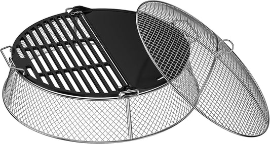 onlyfire Stainless Steel Mesh Cover & Cast Iron Grill Griddle Combo for Solo Stove 19.5 inch Fire Pit - Dual Cooking Surface with Handles for Ember Protection and Outdoor BBQ