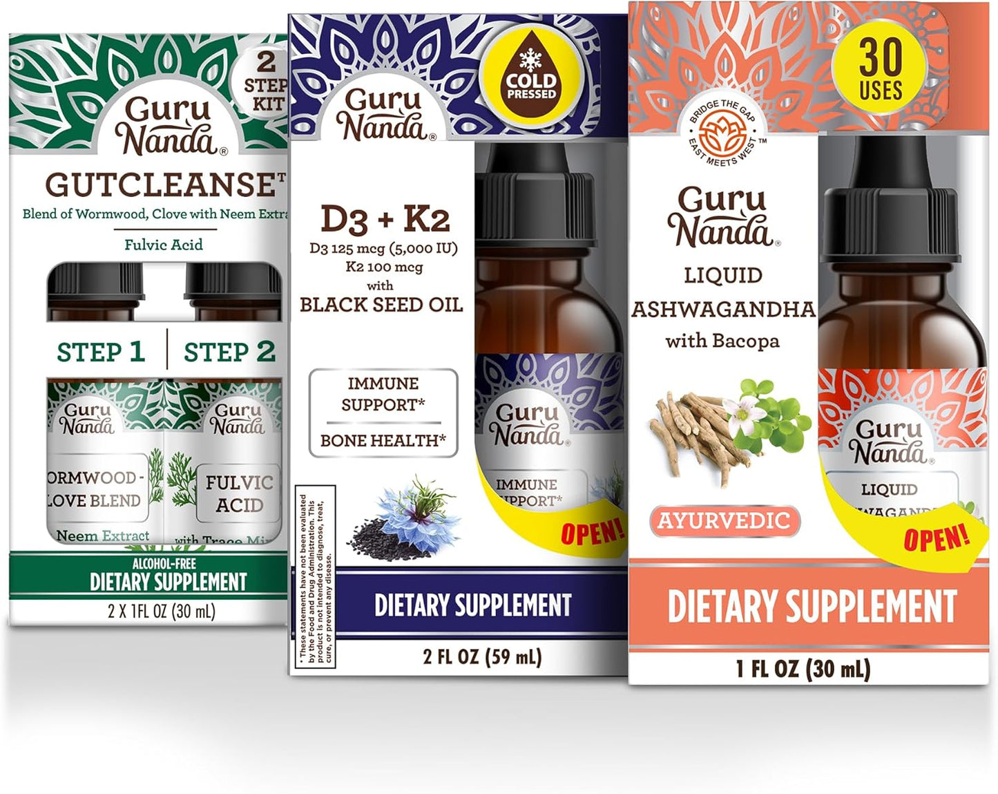 GuruNanda Total Wellness Boost with Liquid Ashwagandha, Black Seed Oil & GutCleanse - Helps with Immunity and Mind Care