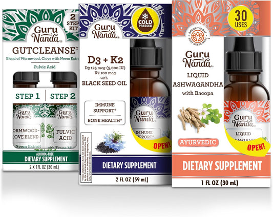 GuruNanda Total Wellness Boost with Liquid Ashwagandha, Black Seed Oil & GutCleanse - Helps with Immunity and Mind Care