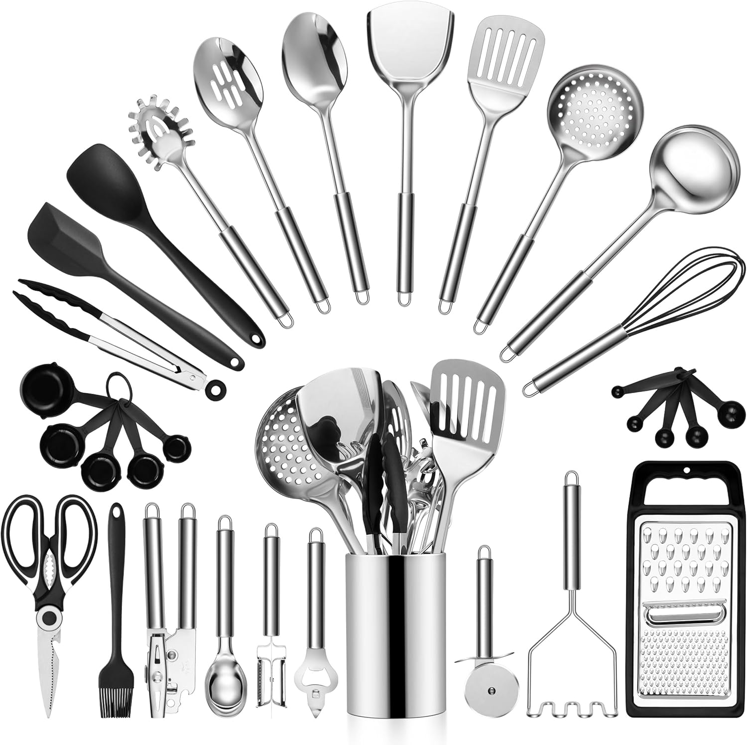 Stainless Steel Cooking Utensils Set, LIANYU 31-Piece Metal Kitchen Tools with Holder, Heat Resistant Kitchen Utensil for Cooking, Non-toxic Kitchenware Include Skimmer Turner Spatula, Dishwasher Safe