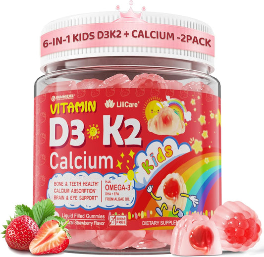 Vitamin D3 K2 + Calcium Liquid-filled Gummies for Kids & Teens, 1000IU\/2000IU D3 with Magnesium, Algal Omega 3, Vitamin for Kids for Bones & Teeth, Calcium Absorption, Brain, Immunity,Sugar-Free,2Pack