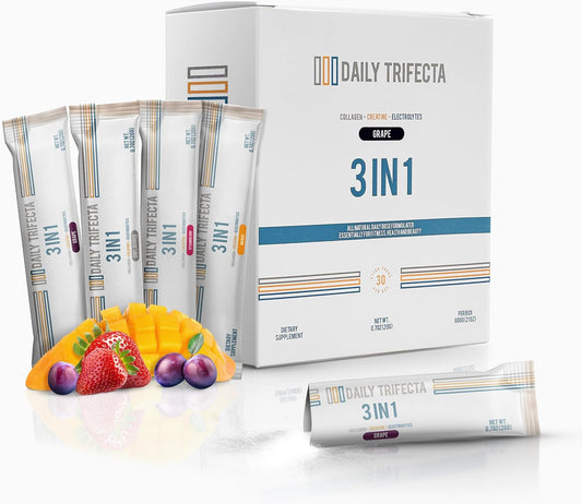 Daily Trifecta 3-in-1 Collagen, Creatine & Electrolyte Stick Packs | Type I Collagen, Creatine Monohydrate, Zero Sugar | 30 Natural Single-Serve Packets | Strength, Hydration & Recovery (Strawberry)
