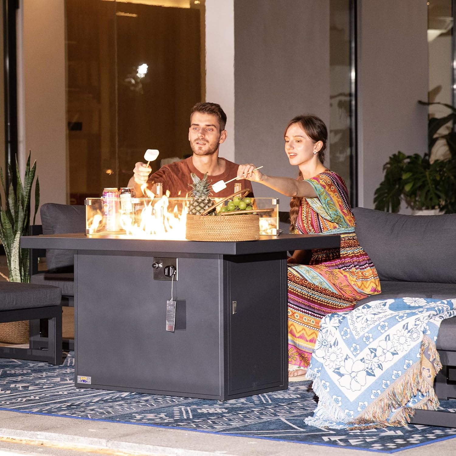 Propane Fire Pit,43 Inch 50,000 BTU Aluminum Fire Outdoor Gas Fire Pit with Lid &Glass Beads & Wind Guard, Firepit Table for Outside Patio Balcony (Square)