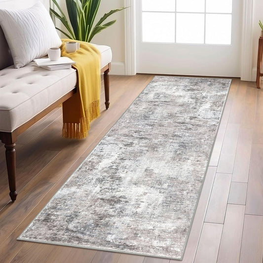 Lansny Modern Abstract Runner Rug 2x6, Beige Grey Washable Kitchen Runner Non-Slip Soft Hallway Rug Runner Thin Print Faux Wool Carpet for Entryway Bedroom Laundry Room Indoor Home Decor
